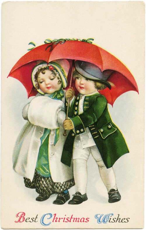 vintage Christmas postcard, victorian boy girl clipart, children walking under umbrella image, old fashioned christmas card, antique digital download postcard