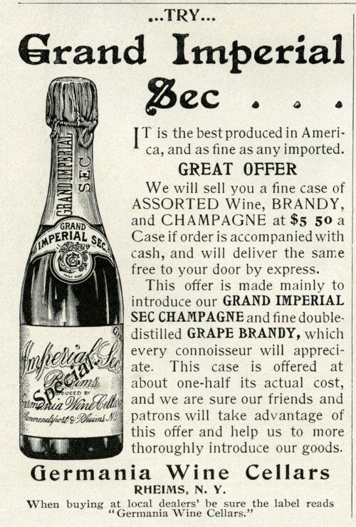 germania wine cellars magazine advertisement, grand imperial sec champagne ad, vintage wine bottle clipart, free black white clip art