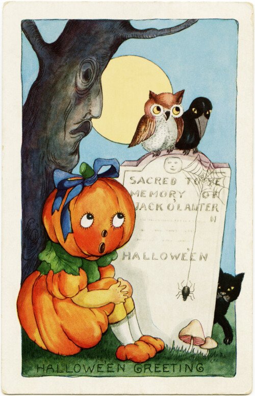 whitney halloween postcard, vintage halloween printable, pumpkin girl owl crow black cat, jack o lantern grave headstone, child halloween image