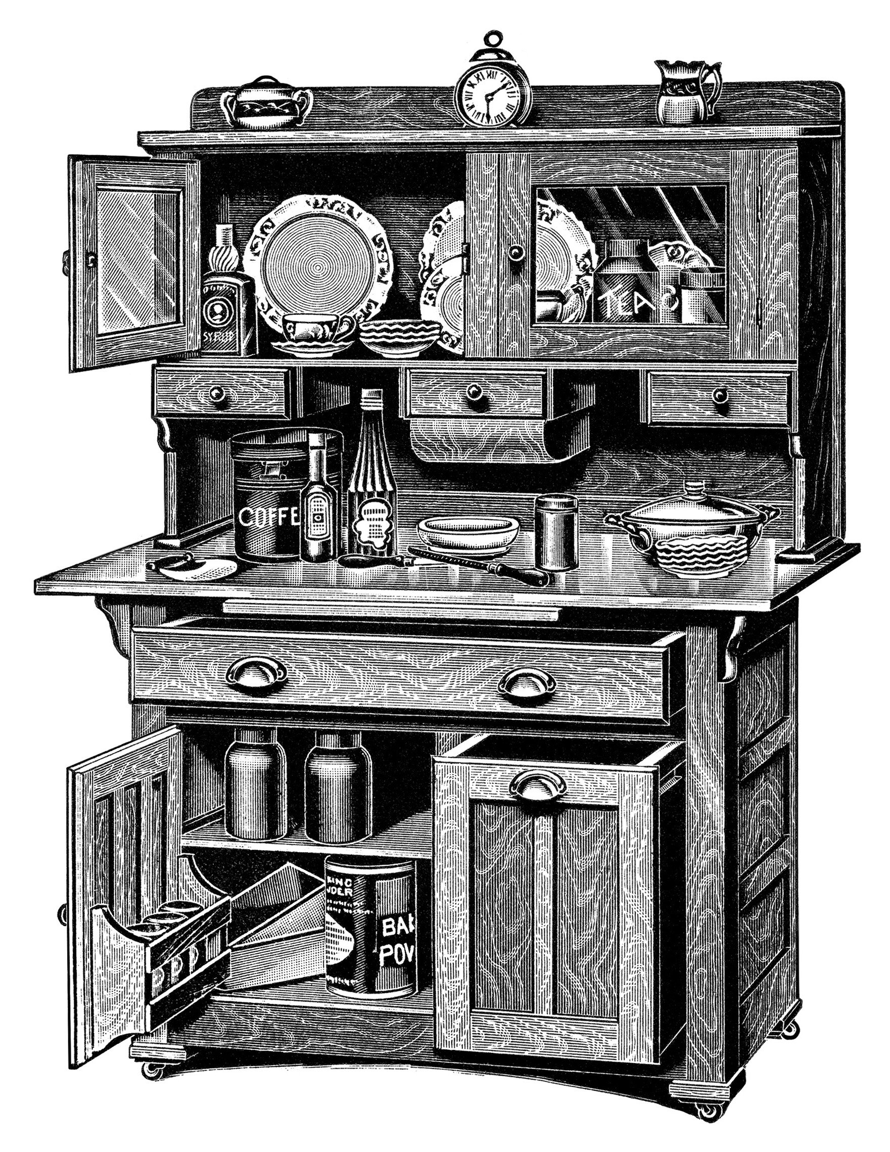 vintage kitchen clipart, old catalogue page, antique kitchen cabinet image, black and white clip art, old fashioned cupboard illustration