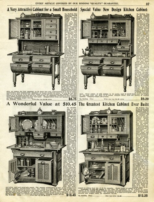 vintage kitchen clipart, old catalogue page, antique kitchen cabinet image, black and white clip art, old fashioned cupboard illustration