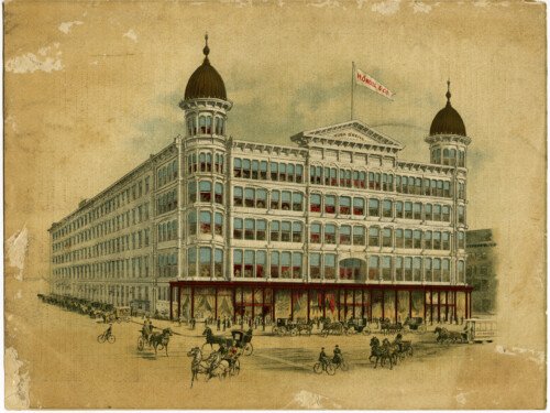 hugh oneill building, H O'Neill & Co, antique catalogue cover page, old architecture illustration, historic O'Neill building image