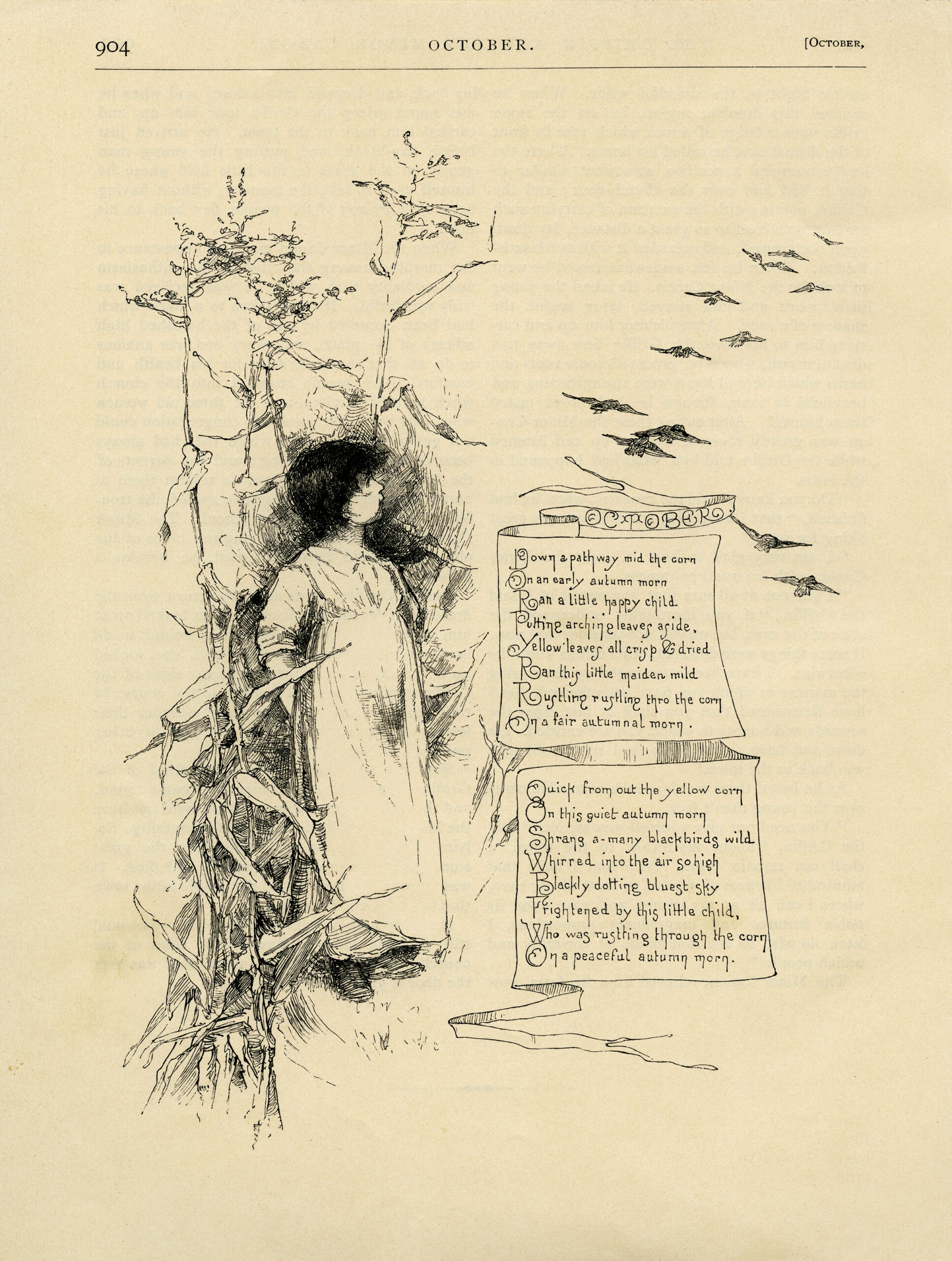 old fashioned October poem, antique fall poetry, vintage book page, st nicholas magazine illustration, birds flying clip art