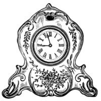 vintage clock clipart, black and white clip art, decorated porcelain clock image, antique mantel clock illustration
