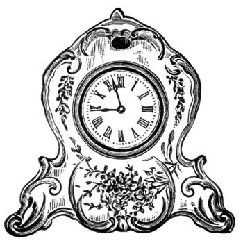 vintage clock clipart, black and white clip art, decorated porcelain clock image, antique mantel clock illustration