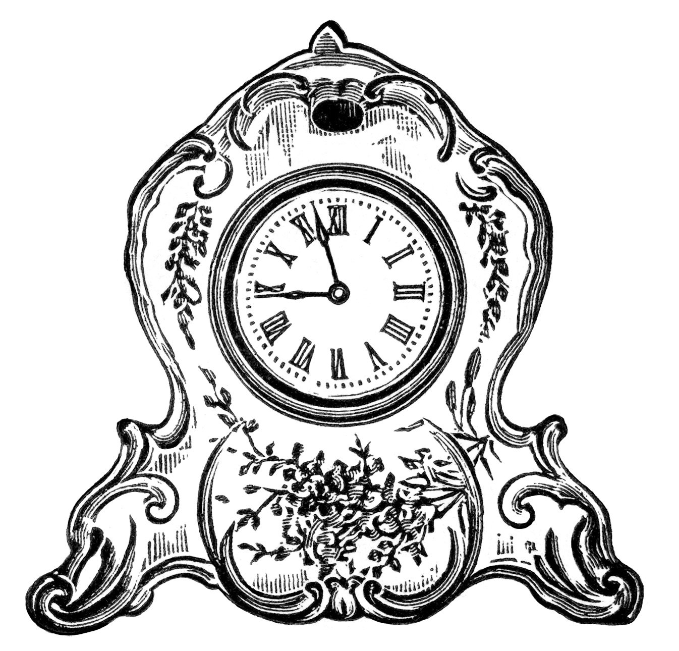 vintage clock clipart, black and white clip art, decorated porcelain clock image, antique mantel clock illustration
