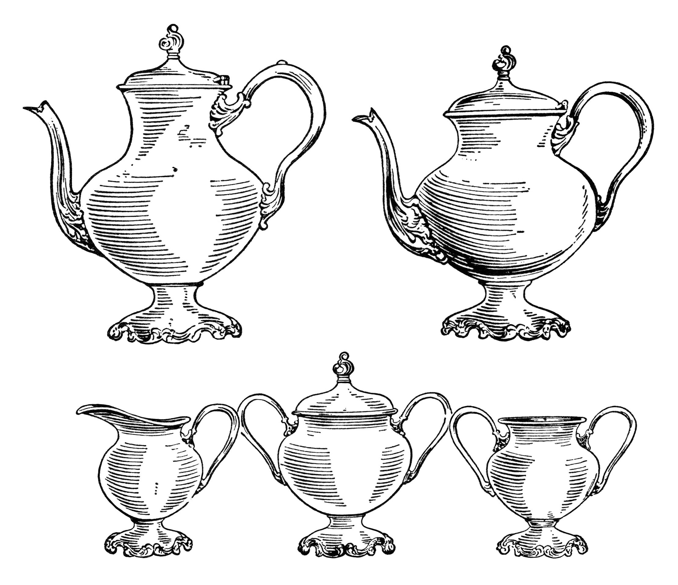 vintage tea set clip art, black and white clipart, old fashioned kitchen printable, coffee pot image, tea pot illustration, free coffee tea graphics
