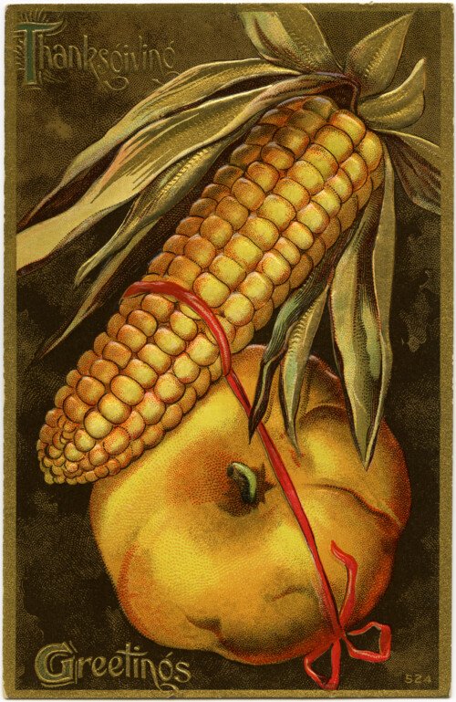 free vintage postcard graphic, thanksgiving clip art, corn pumpkin image, printable holiday card, digital fall graphics