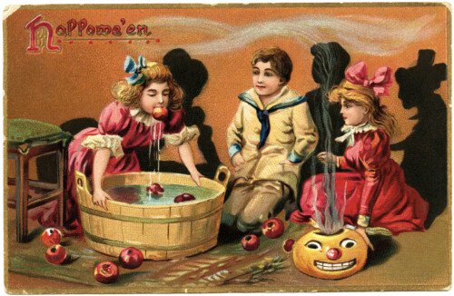 tuck's halloween postcard, apple bobbing image, vintage Hallowe'en graphic, old fashioned halloween printable, Victorian children party