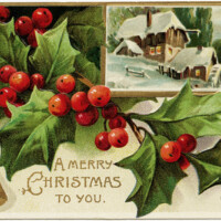 vintage christmas postcard, antique christmas card, old fashioned holiday greeting, holly and berries clip art