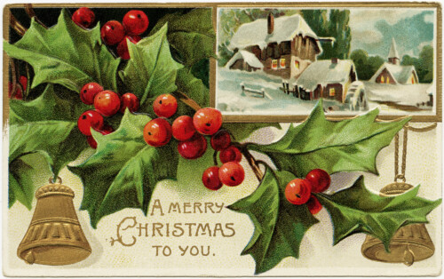vintage christmas postcard, antique christmas card, old fashioned holiday greeting, holly and berries clip art