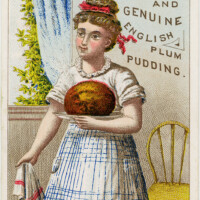 atmore trade card, victorian girl clip art, mince meat plum pudding, vintage advertising card, woman cooking clipart