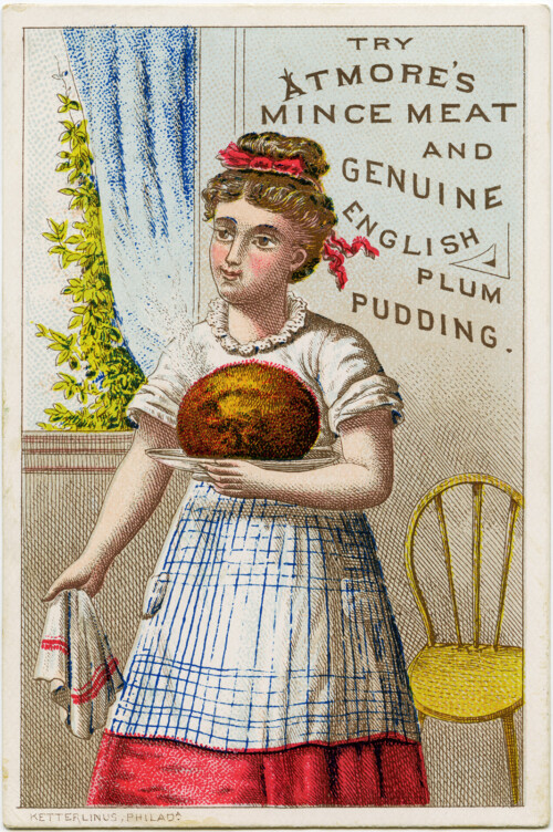 atmore trade card, victorian girl clip art, mince meat plum pudding, vintage advertising card, woman cooking clipart