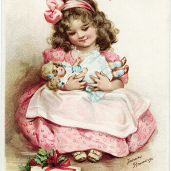frances brundage, vintage christmas postcard, girl and doll clipart, girl holding dolly image, vintage people clip art