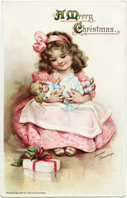 frances brundage, vintage christmas postcard, girl and doll clipart, girl holding dolly image, vintage people clip art