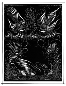 chalk and pencil drawing, swirl ornamental graphic, black and white clipart, flourish sketch bird swan image, vintage penmanship art  