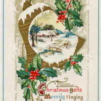 vintage christmas postcard, antique christmas image, old fashioned holiday card, free christmas clipart, holly berries country scene bell