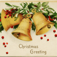 ellen clapsaddle postcard, vintage Christmas postcard, yellow bells holly berries image, christmas bell clip art, free vintage holiday printable