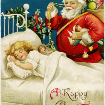 vintage clapsaddle postcard, santa girl sleeping, old fashioned christmas card, santa with bag of toys, printable vintage christmas