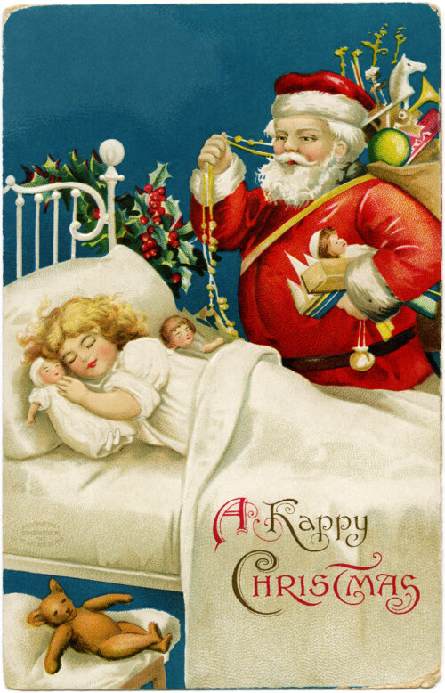 vintage clapsaddle postcard, santa girl sleeping, old fashioned christmas card, santa with bag of toys, printable vintage christmas
