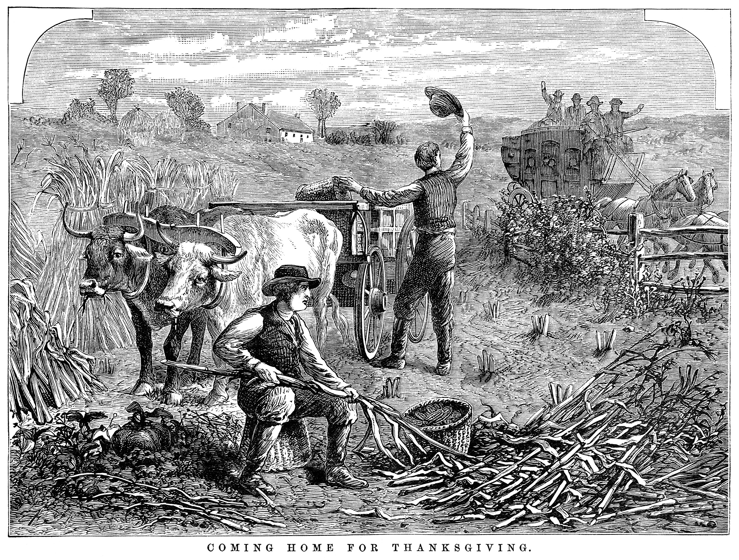 coming home for Thanksgiving, black and white clip art, free vintage graphic, public domain illustration, men working in field image