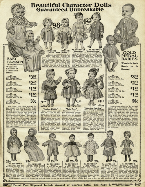 old catalogue page, vintage printable toys, antique dolls, 1916 sears, vintage toy dolly clip art