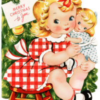 retro christmas card, girl and doll clipart, vintage printable Christmas, old fashioned holiday greeting, 1950 card graphic