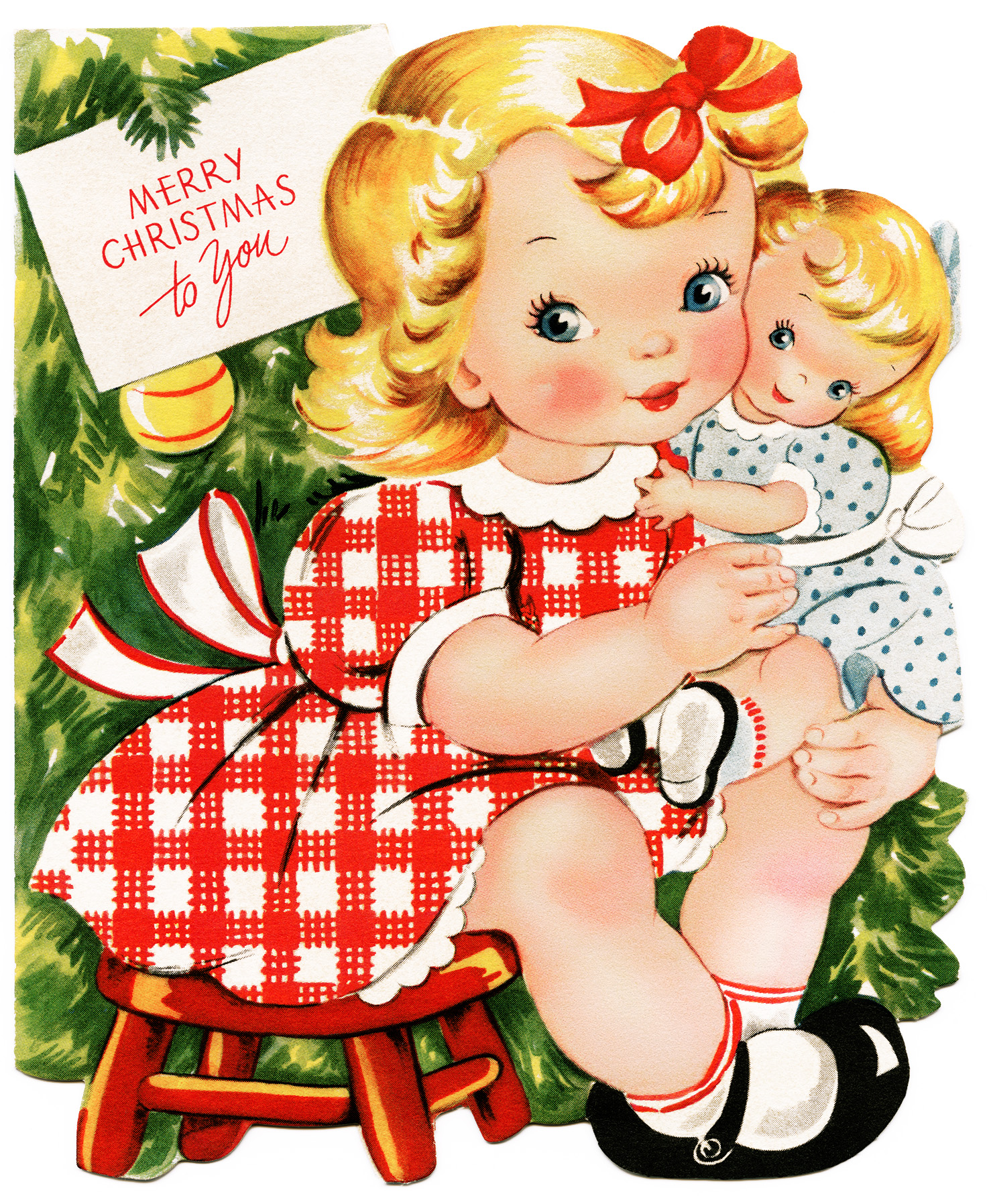 retro christmas card, girl and doll clipart, vintage printable Christmas, old fashioned holiday greeting, 1950 card graphic