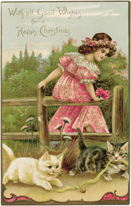 vintage christmas postcard, girl pink dress clipart, old fashioned christmas card, antique postcard girl kittens, free vintage printable