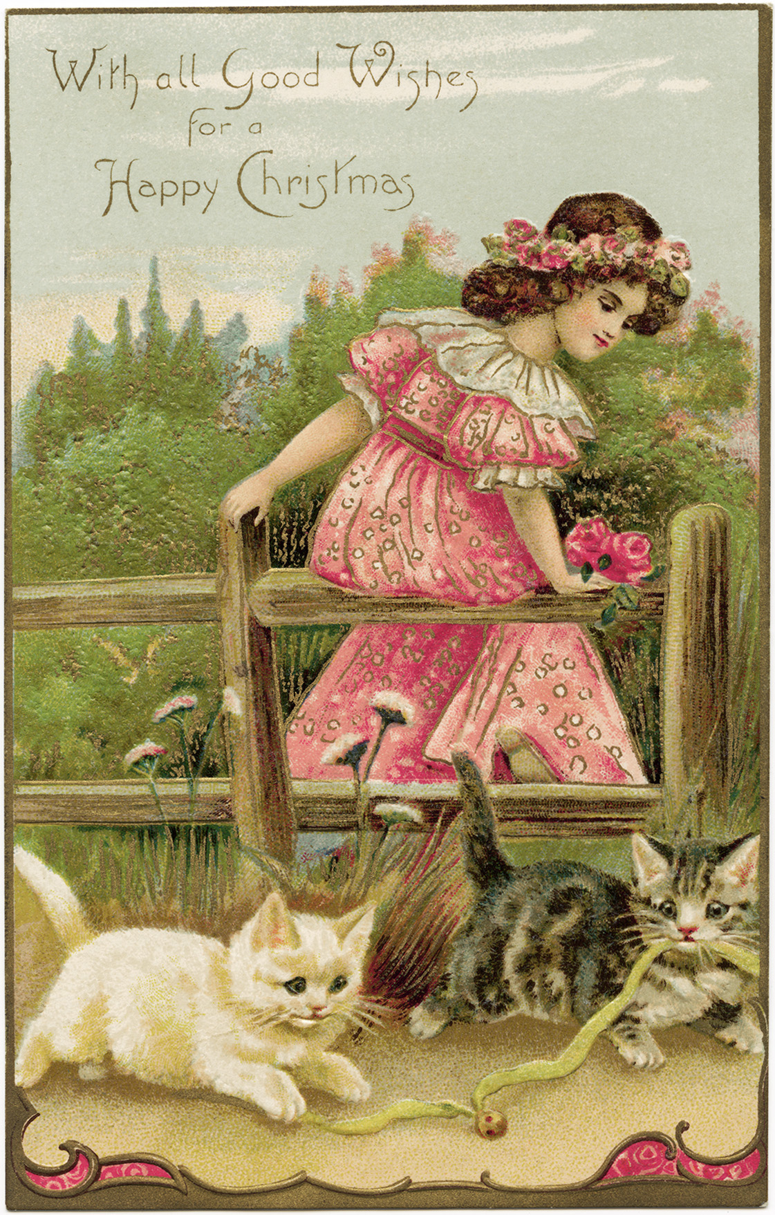 vintage christmas postcard, girl pink dress clipart, old fashioned christmas card, antique postcard girl kittens, free vintage printable