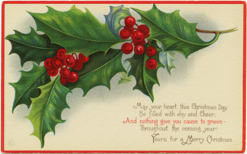 vintage christmas postcard, old fashioned christmas card, holly berries clipart, antique holiday postcard graphic, stecher christmas postcard