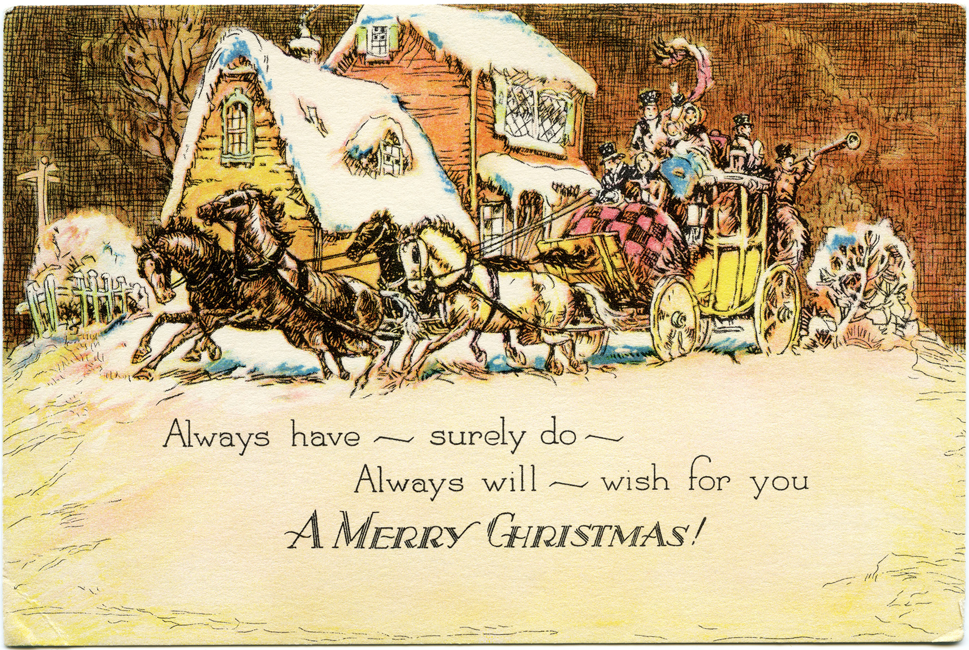 vintage Christmas card, horse drawn carriage clipart, old fashioned Christmas greeting, horse and buggy winter scene