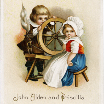 vintage clapsaddle postcard, john alden and priscilla, antique thanksgiving card, pilgrim children clipart, boy girl spinning wheel image