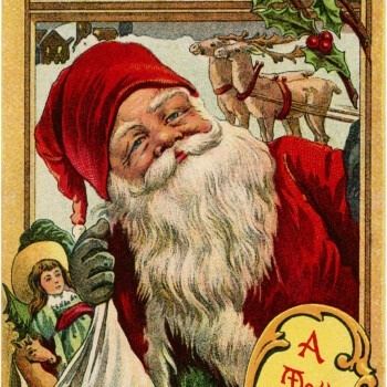 vintage christmas postcard, vintage printable santa, old merry christmas card, santa toys reindeer image, free christmas digial graphics