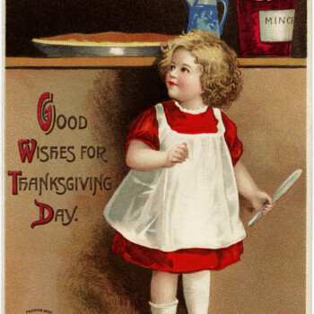 vintage clapsaddle postcard, antique thanksgiving card, girl baking clipart, red dress wooden spoon pie mince, old fashioned cooking image