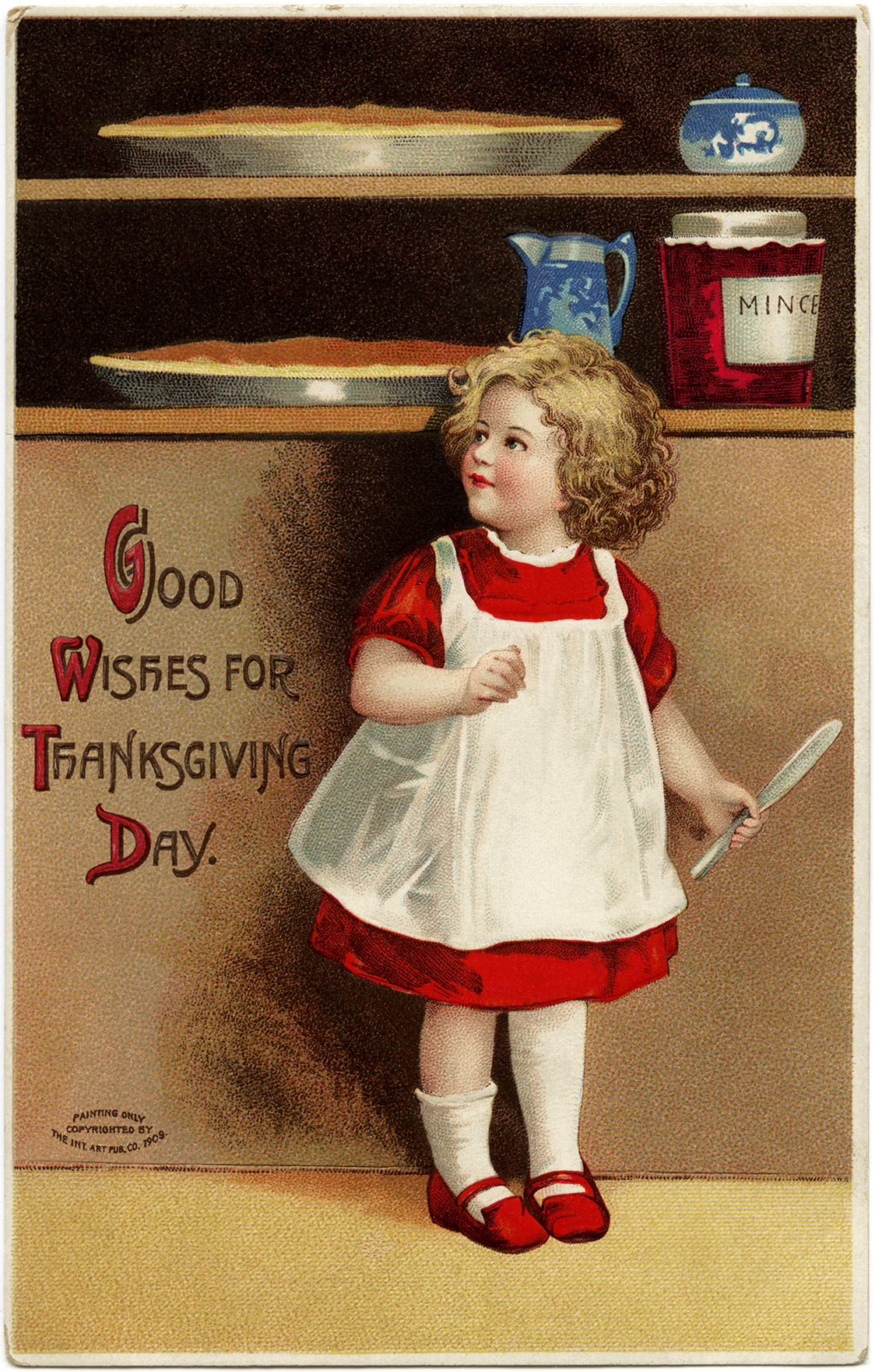 vintage clapsaddle postcard, antique thanksgiving card, girl baking clipart, red dress wooden spoon pie mince, old fashioned cooking image