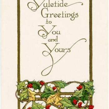vintage christmas postcard, old fashioned christmas graphic, holly and berries clipart, yuletide greetings, antique holiday clip art