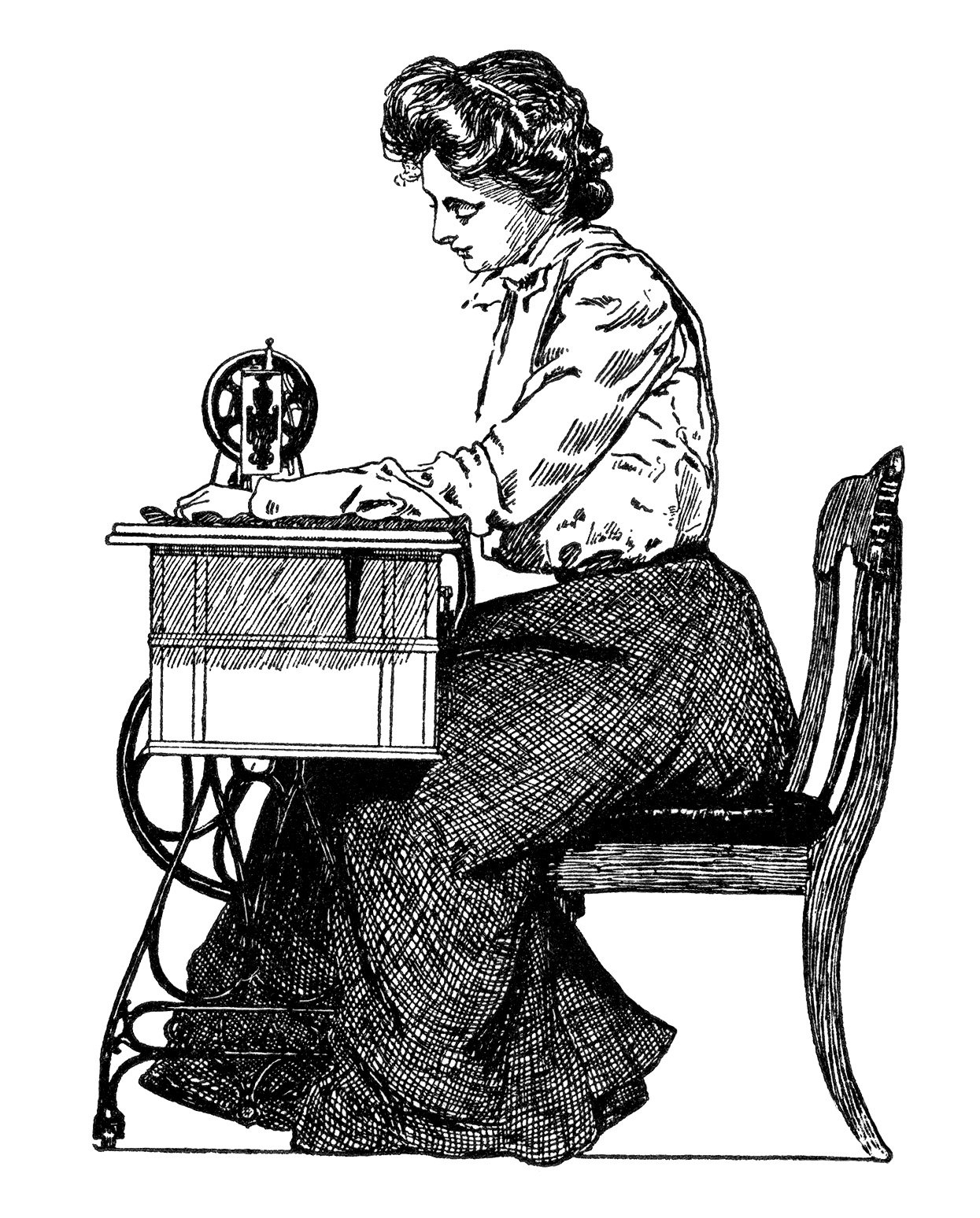 vintage sewing clipart, free black and white clip art, seamstress illustration, old fashioned dressmaker image, printable sewing graphic