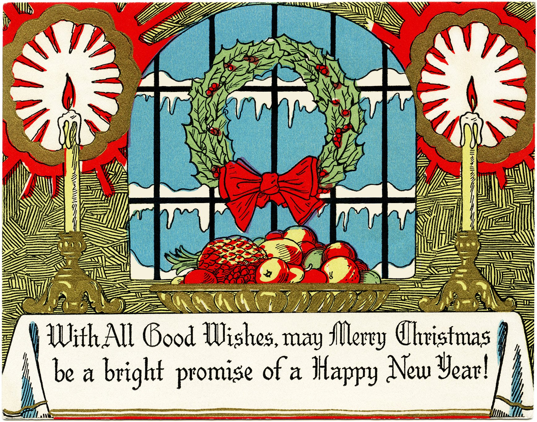 vintage christmas clipart, old fashioned holiday clip art, art deco christmas card, wreath candle fruit illustration, digital christmas graphic