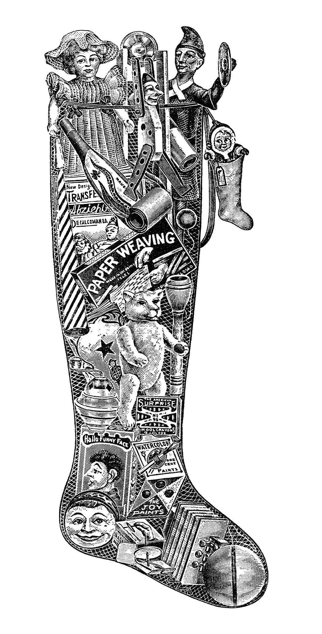 vintage christmas clipart, black and white clip art, old fashioned christmas stocking, mesh sock of toys, antique catalog toys