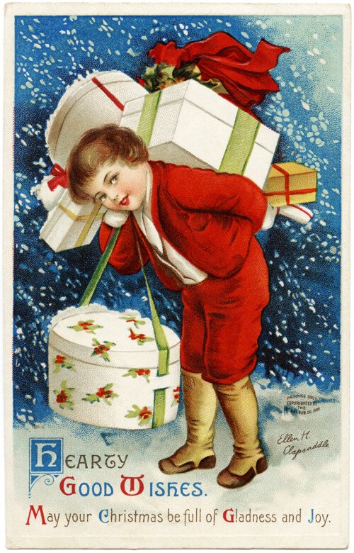 Ellen Clapsaddle Christmas postcard, Victorian boy carrying gifts, boy in red Christmas card, vintage christmas clip art, old fashioned holiday printable