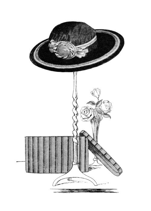vintage hat clip art, black and white clipart, ladies hat on stand, hat box roses illustration, 1915 womens hat