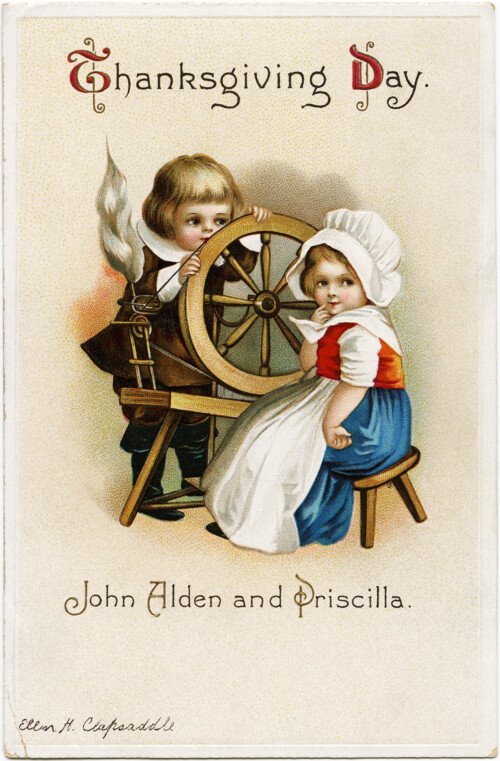 vintage clapsaddle postcard, john alden and priscilla, antique thanksgiving card, pilgrim children clipart, boy girl spinning wheel image