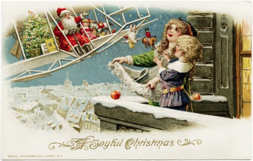 john winsch 1913 postcard, santa delivering gifts by plane, santa biplane image, vintage christmas clipart, old fashioned christmas graphic