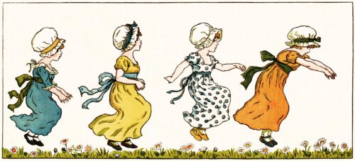 kate greenaway, marigold garden, vintage people clipart, jumping girls poem illustration, Victorian girl clip art