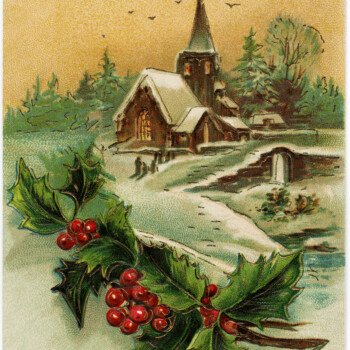 vintage Christmas postcard, snowy country church image, old fashioned christmas card, holly and berries illustration, vintage holiday clipart