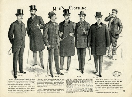 vintage mens clothing image, victorian era man illustration, antique catalogue page, free black and white clip art, old fashioned mens clothes