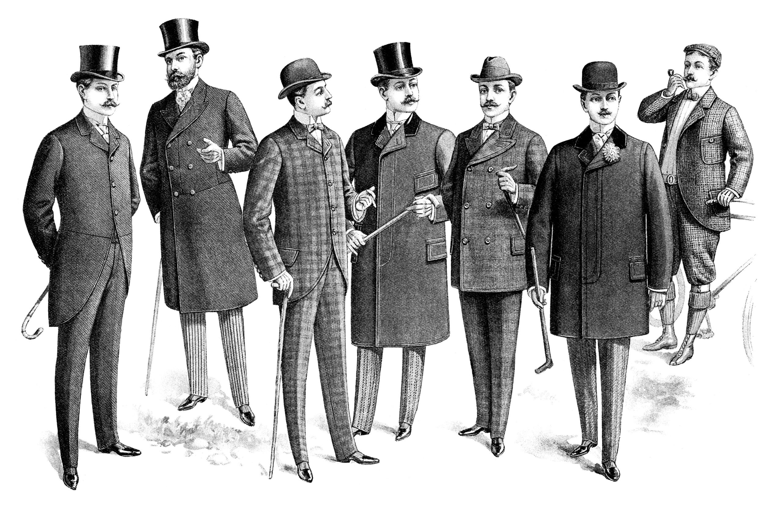 vintage mens clothing image, victorian era man illustration, antique catalogue page, free black and white clip art, old fashioned mens clothes