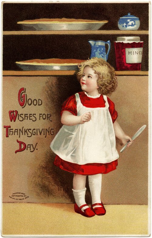 vintage clapsaddle postcard, antique thanksgiving card, girl baking clipart, red dress wooden spoon pie mince, old fashioned cooking image