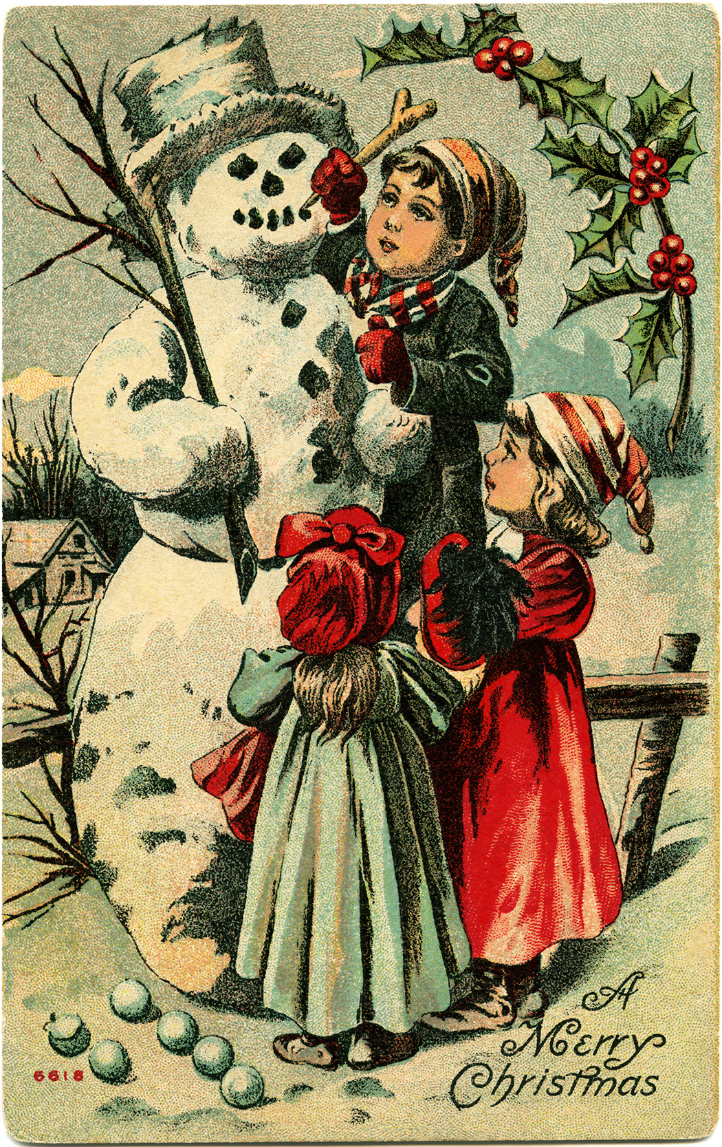 Children and Snowman ~ Free Vintage Graphic - Old Design Shop Blog